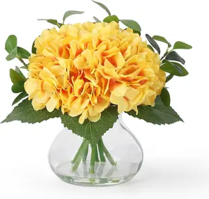 7 Silk Hydrangea Artificial Flowers in Glass Vase, Real Touch Faux Hydrangea Bouquet with Faux Water for Wedding Centerpieces, Home Table Decor, Office & Party Decorations (Yellow)