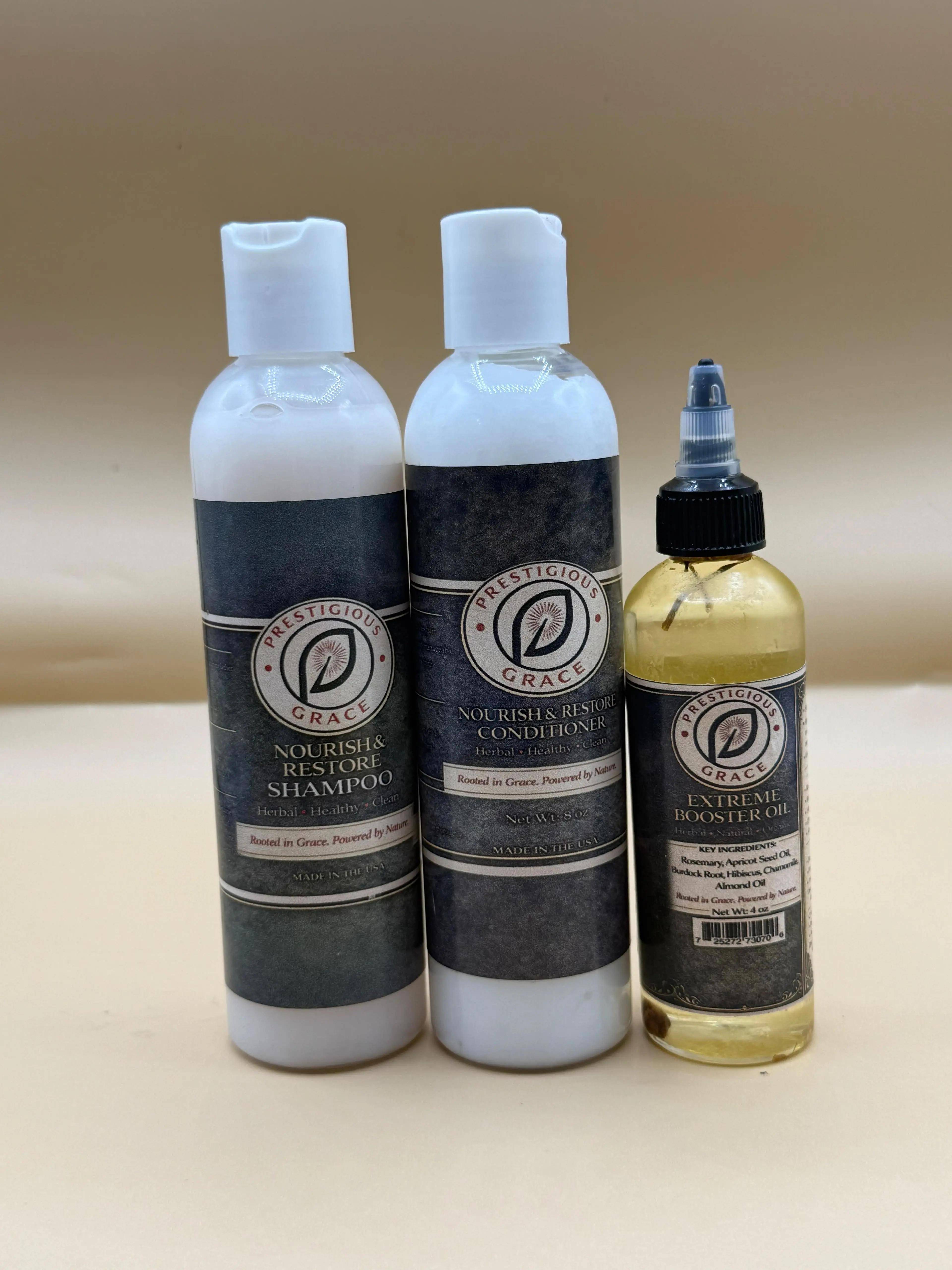 Prestigious Grace Nourish & Restore Hair Care Trio includes Shampoo, Conditioner, and Extreme Booster Oil.