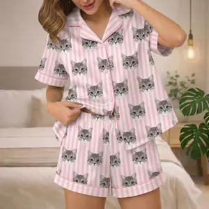 Custom Pet Face Pajama Set Using Pet Photo Name, Personalized Dog Pajamas Set, Custom Cat Pyjamas, Pet for Women, Vertical Stripe Pajama