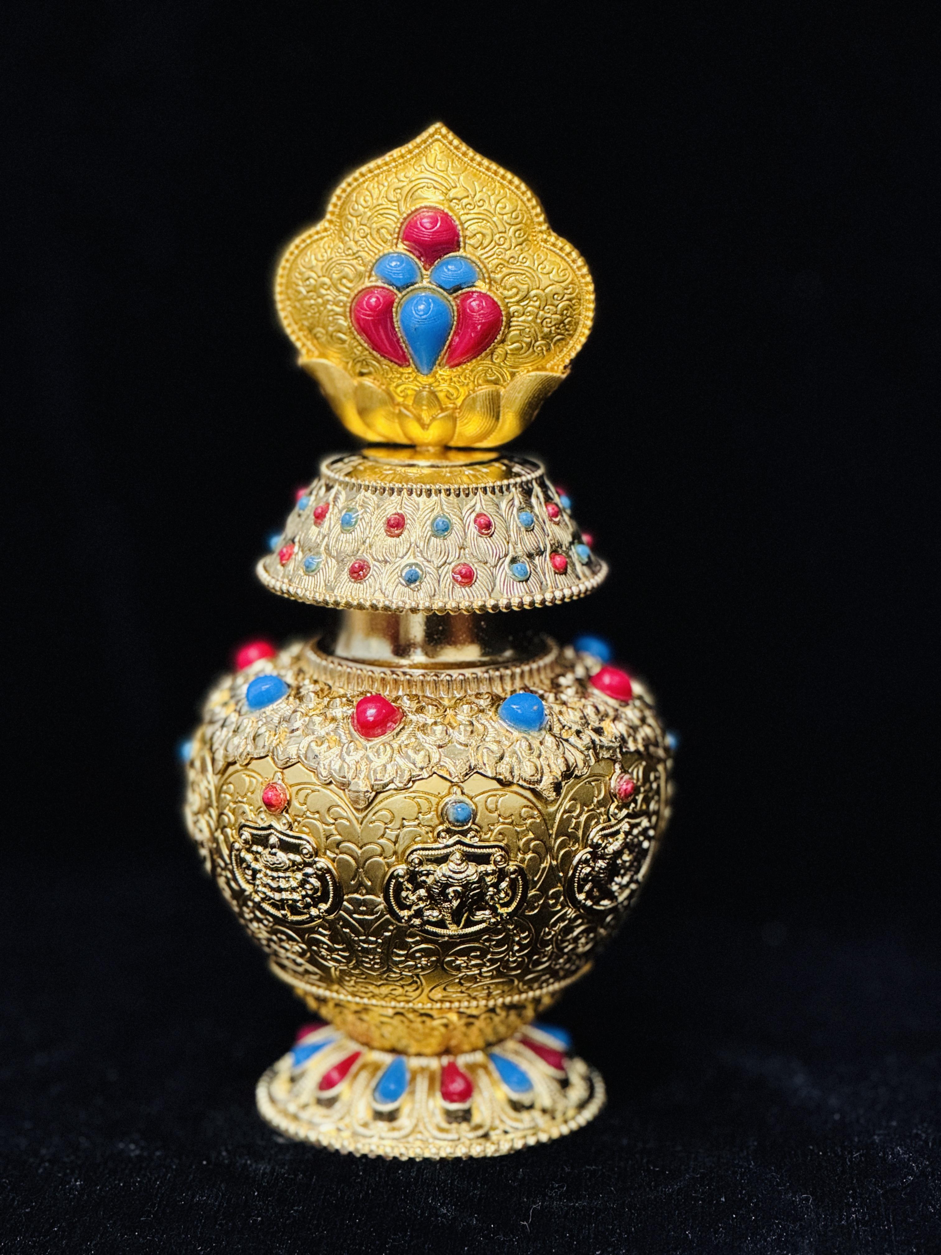 Handmade Tibetan Style Gold-Plated Treasure Vase, Ornate Inlaid Gemstone Buddhist Vase, Lucky Prosperity Home Decor