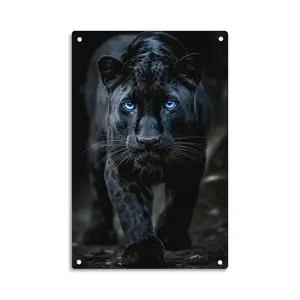 Black Panther with Blue Eyes Tin Sign， Vintage Black Panther Metal Sign Print Aesthetic Room Decoration for Home Bedroom Kitchen Bar Dorm Bathroom Wall Decor 8 X 12 Inch