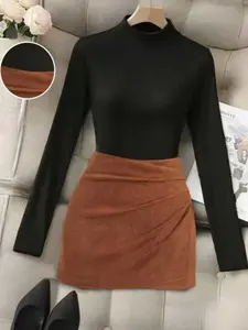 Women's Fall Winter Plain Solid High Neck Long Sleeve Slim Fit T-Shirt and Aesthetic Fashion Pleated Midi Skirt Two-Piece Set