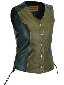 DANIEL SMART Dusk Women's Leather Motorcycle Vest - Soft Premium Drum Dyed Supple Cowhide 1.1-1.2mm, Two-Tone, Side Lacing, Heavy-Duty Brass Snaps, Antique Brown & Black