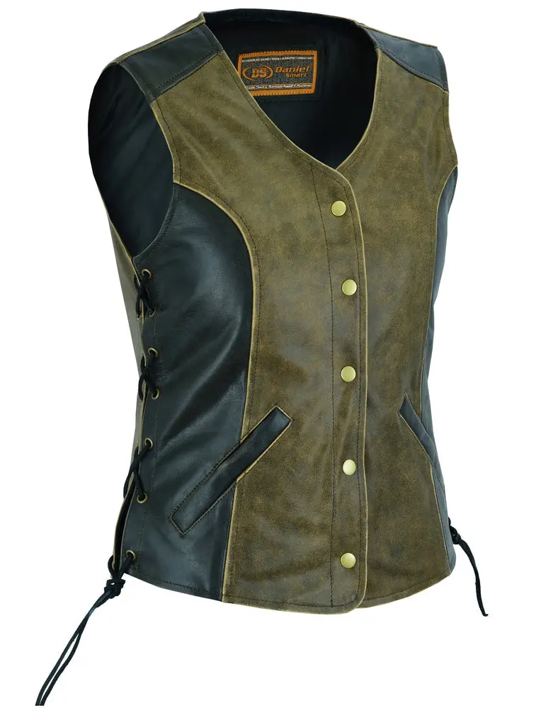 DANIEL SMART Dusk Biker-Chic Women's Leather Motorcycle Protective Vest - Soft 1.1-1.2mm Premium Drum-Dyed Supple Cowhide, 2-Tone, Side Lace, Heavy-Duty Brass Snaps, Antique Brown & Black, Ample Storage, 3Xl