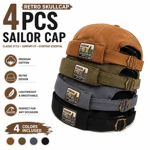 4PCS Retro Skullcap Mens Cotton Patch Brimless Sailor Cap Rolled Cuff Casual Beanie Hat