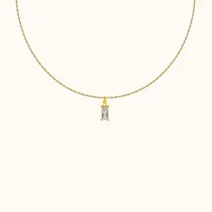 White Rectangle Gem Necklace - 18K Gold on Sterling Silver with Cubic Zirconia Pendant, 40+5 cm Length