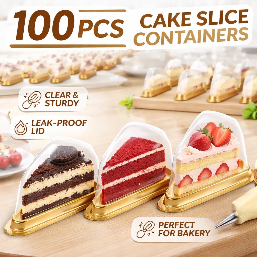 100 Pack Cake Slice Containers – Clear Plastic Individual Cheesecake Boxes with Lids, Disposable Pie Slice Holder for Small Desserts, Snacks