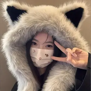 Winter Cute Fox Ear Fur-Lined Hooded Scarf – Soft & Adorable Design Blending Warmth & Comfort. Plush Material Embodies Cute, Soothing Style, Perfect for Enhancing Your Look & Keeping You Cozy in Cold Winter Days.