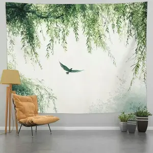 1pc Green Willow Trees & Flying Birds Wall Art Tapestry - Nature-Inspired Serene Landscape with Soft Short Pile Fabric, Horizontal Wall Hanging for Bedroom & Living Room Decor, 100% Polyester, Tranquil Wall Art |     Serene Landscape Decor |     Plush Pol