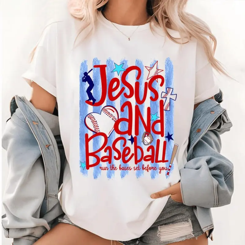 good graphic tees summer graphic tees Jesus and Baseball T-shirt, sexy Christian pattern T-shirt with bow, fashionable baseball mom game day T-shirt, girly style faith baseball