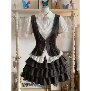 Japanese Vintage Outfits Women Sweet Lolita Ruffle Tops Bow Mini Dress 2 Piece Sets Kawaii Casual Suits