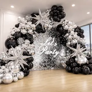 120pcs Black Silver Balloon Garland Arch Kit Metallic Black Silver Latex Balloons Star Foil Balloons for Birthday Party Backdrop Decor