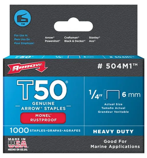 Arrow Fastener 504M1 Manual T50 Rustproof Monel Staplers, 1000-Pack, 0.25 in, Will Not Corrode, for Salt Water Resistant Office Equipment Parts, Stapling
