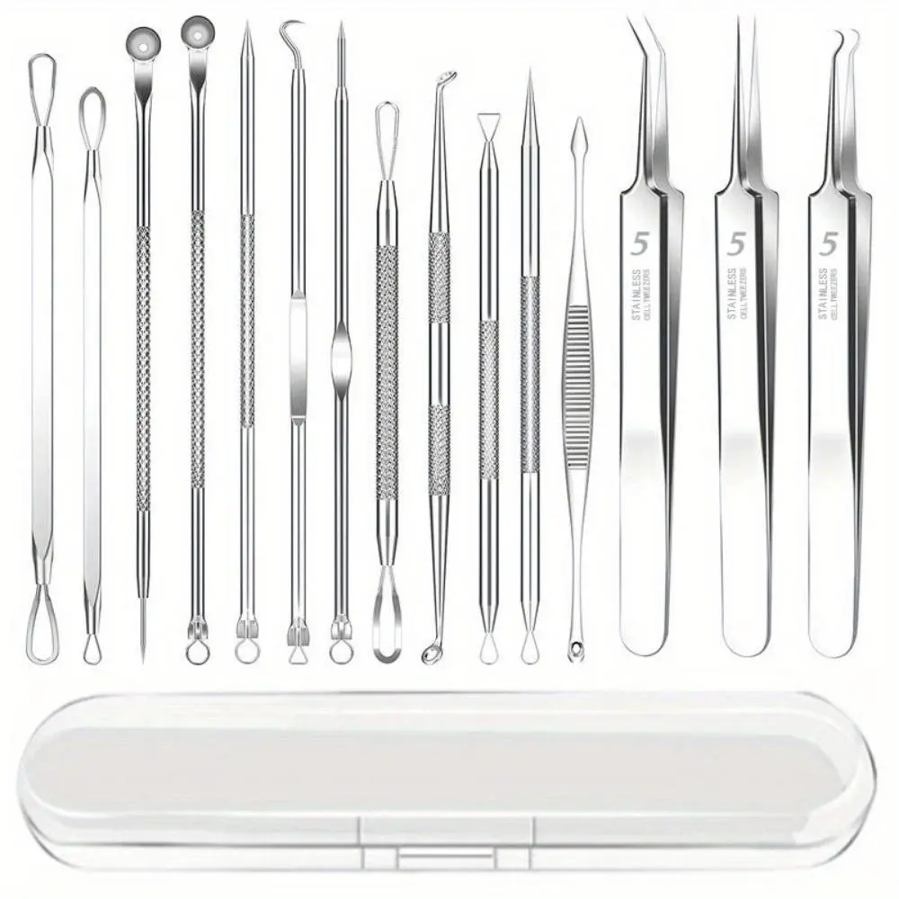 Stainless Steel Pimple Popper Tool Set, Blackhead Cleaning Tool, Facial Blackhead Remover, Pimple Tweezers, Professional Acne Extractor, Skin Blemish Removal Tool for Forehead Nose Face, Blackhead Cleansing Tool, Facial Care Tools, Beauty Tools