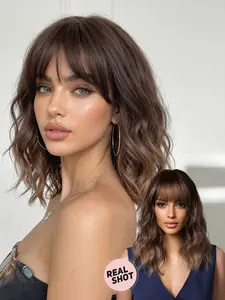14inch Bob Wig with Bangs, Hyperrealism Wig, Wavy Bob Wig, Natural Voluminous Curly Hair, Daily Wear, Suitable for All Seasons, Perfect for Any Occasion