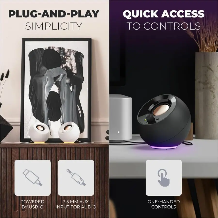 Creative Pebble SE Minimalist 2.0 USB-C Powered PC Speakers with RGB Lighting?, 3.5 mm AUX-in, Up to 4.4W RMS Power for Computers and Laptops (White)