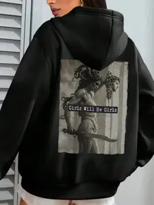 Women's Loose Casual Hooded Sweatshirt with Pockets, Medusa Graphic Print, Comfortable & Stylish, Easy to Pair, Daily or Sports Wear