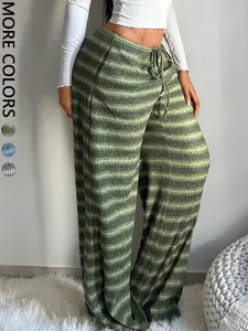 Women's Comfortable Casual Striped Low Waist Drawstring Wide Leg Pants, Stylish Ladies' Bottoms for Everyday Wear, Casual Fashion Pants