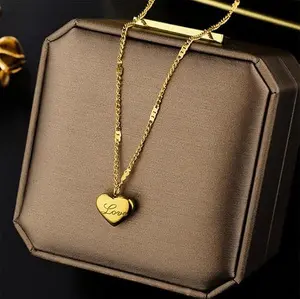 TASON 14k Gold Puffy 3D Pillow Heart with Love Engraved Cuban Link Necklace Pendant Chain Perfect Valentine's Gift Idea for Women and Girls