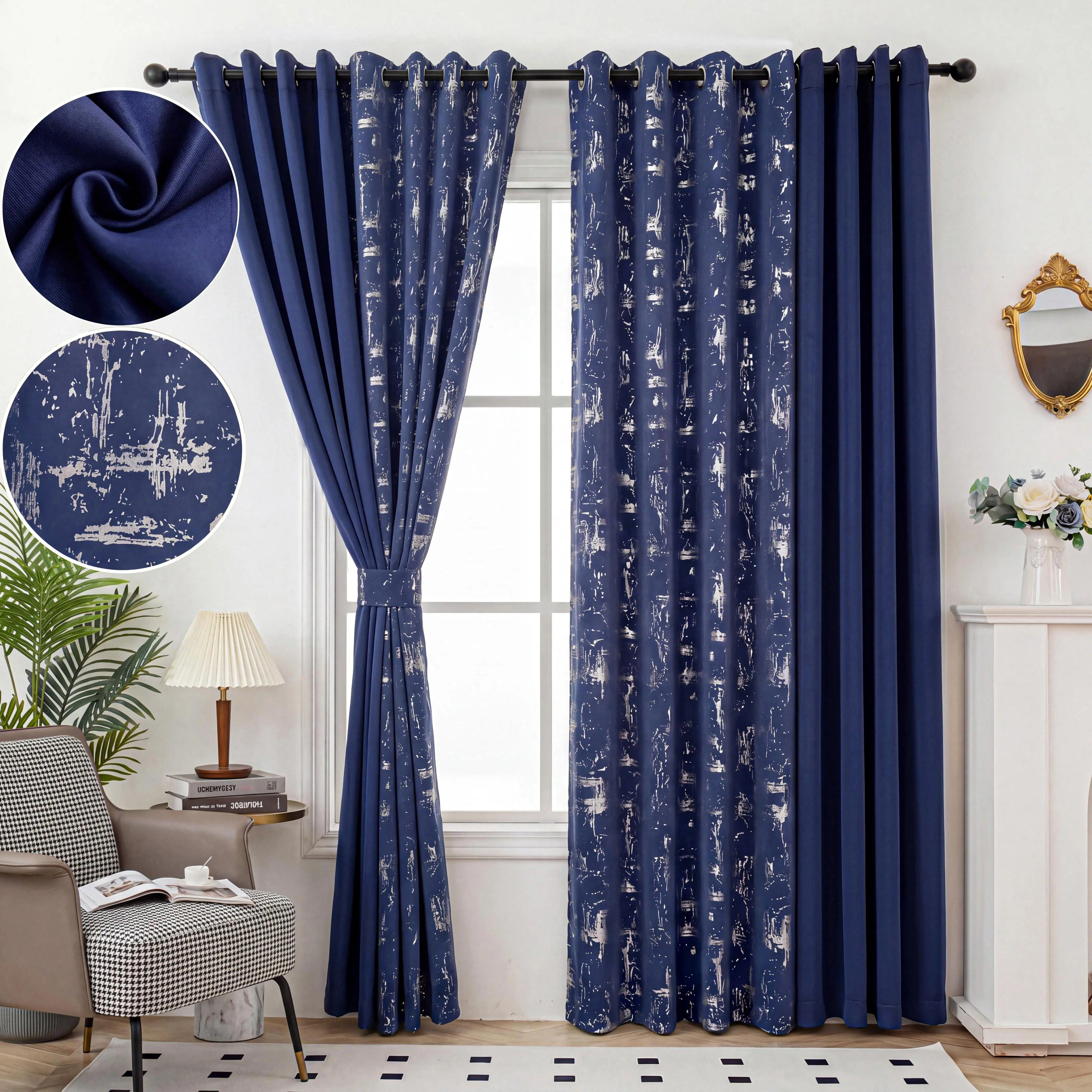4 Panels 52"x84" Combination Grommets CurtainsIncluding : 2 Panels Solid Full Blackout Curtains & 2 Panels Foil Metallic Full Blackout Curtains QF639 Thermal Insulated NoiseReducing Light Blocking blacking apartment living room bathroom noise reduction