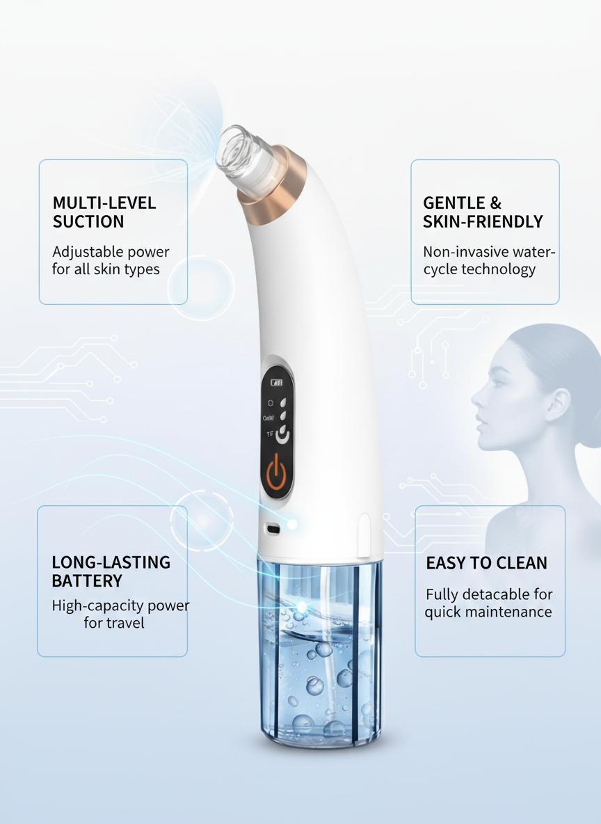 Professional Hydra Facial Device, Bubble Deep Cleansing Blackhead Remover for Pore Care, Removes Impurities, Hydrates Skin & Refines Texture, Adjustable Suction Levels, USB Rechargeable Portable Skincare Tool