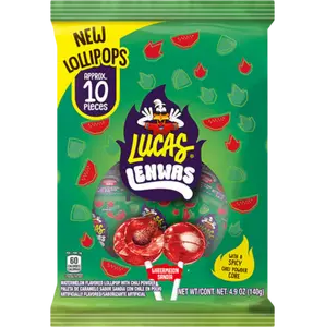 Lucas Lenwas Watermelon Lollipops 10CT 4.92 OZ with Spicy Chili Powder Core Sweet Snack (80135)