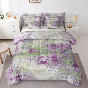 Watercolor Tie Dye Bed in a Bag Comforter Set,7 Piece,Ombre Gradient Lilac Purple Green and Grey Bedding Set,for Kids Teens Modern Abstract Grunge Artwork Sheet Set with Comforter