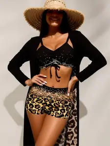 Sexy Black Rhinestone Leopard Print Bikini 3-Piece Set - Cover-Up Slim-Fitting, Y2K Beach Vacation Swimwear