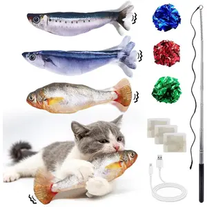 3PCS Interactive Cat Toy Floppy Fish Cat Toy with Crinkle Paper & Fishing Pole, Moving Cat Toys for Indoor Cats Boredom Relief, Rechargeable Automatic Touch-Activated Toys for Interactive Fun