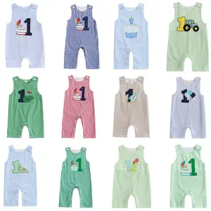 Baby Boy Girl First Birthday Outfit Sleeveless 1st Birthday Romper Jumpsuit  Bodysuit Infant Striped Plaid Onesie Suspender Overalls Summer Clothes