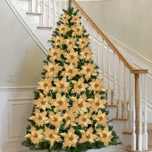 2/10 pieces, yellow flower Christmas tree decoration picks, golden flower Christmas tree decoration, hollow plastic board with pole for easy use, props for creating a festive atmosphere