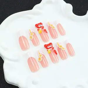 10 square handmade nail tips, Acrylic Fake Nails, Y2K，3D, Fruit Party, strawberry bear, relief, white, hand drawn design, French style, nail art patches, suitable for women's nail stickers, date, shiny nails for daily wear, including tool kit