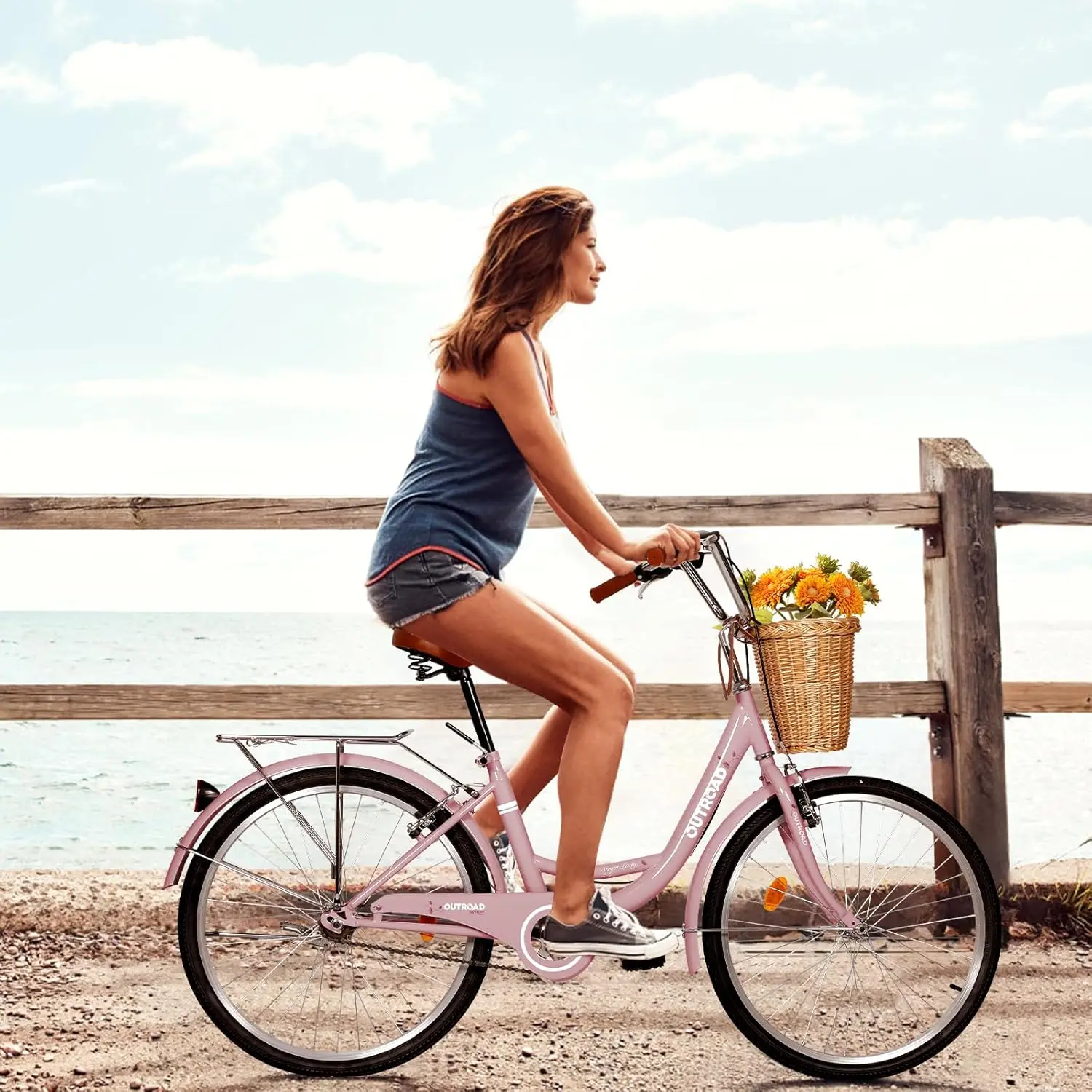 Max4out Beach Cruiser Bike for Adult, 24 & 26 Inch Comfort Bikes with  Rattan Front Basket,