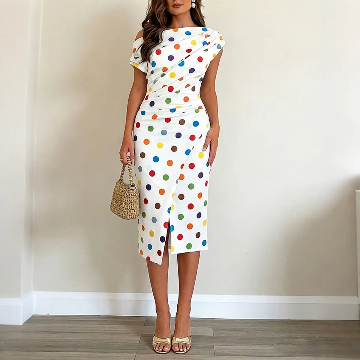 CHICME Women's Skew Neck Midi Dress Colorful Polka Dot Ruched Bodycon Dress Elegant Slit French Style Wrap Vacation Dress