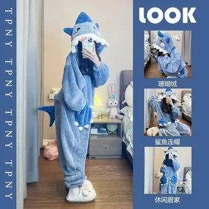 Winter One-Piece Pajamas for Women Sweet Cute Shark Robe Hooded Coral Fleece Thickened Cartoon Loungewear