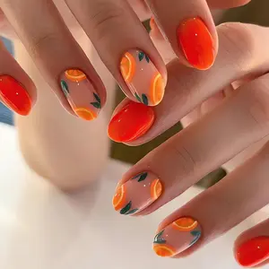 Oval Short Press on Nails Orange French Tips Fake Nails Fresh Fruit Designs Nude Glossy Glue on Nails Round Acrylic False Nails with Designs Cute Stick on Nails for Women and Girls 24Pcs