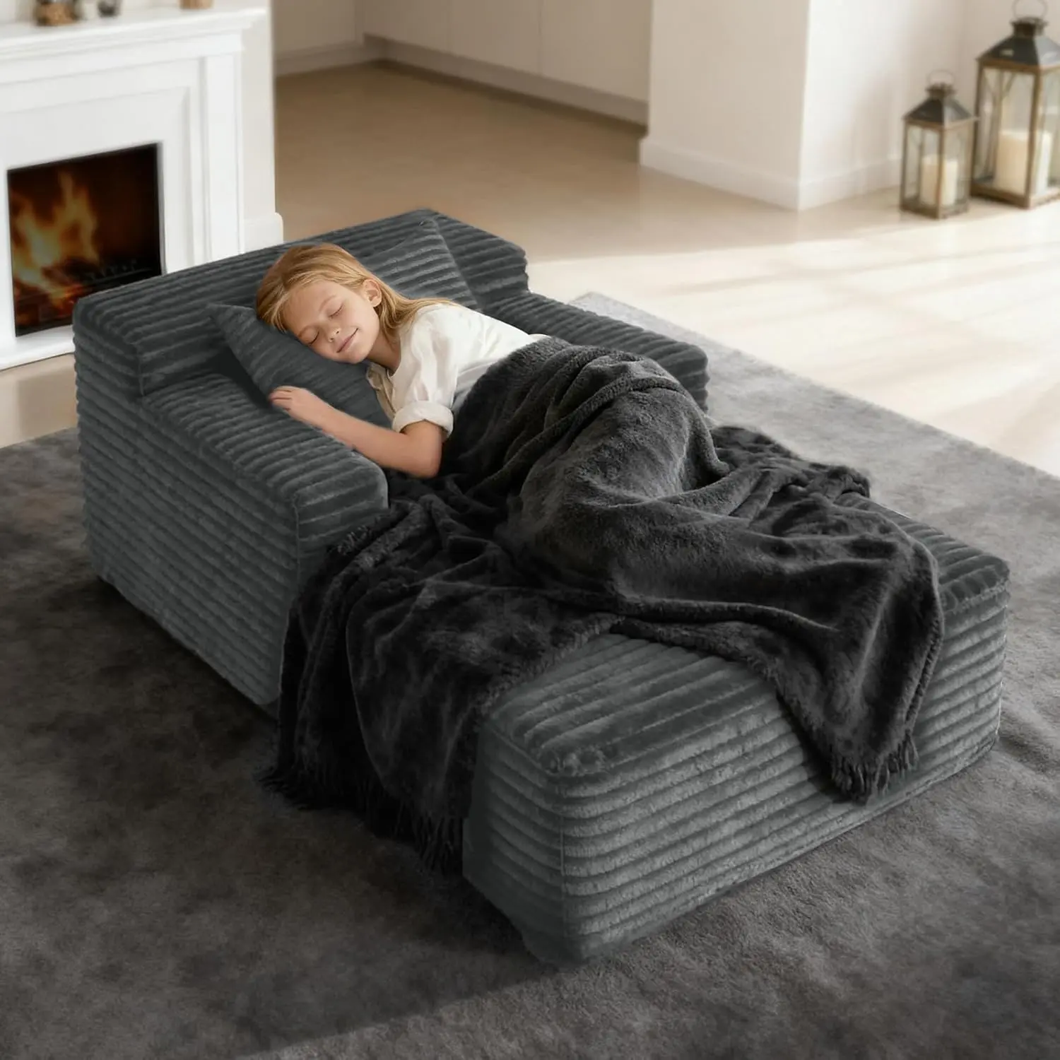 45'' Chaise Lounge Chair Indoor, Corduroy Upholstered Boneless Sofa Bed, Deep Seat Sleeper Couch Reading Chairs, Small Comfy Cloud Sofas Couches for Living Room, Bedroom, Movie Room (Dark Grey)
