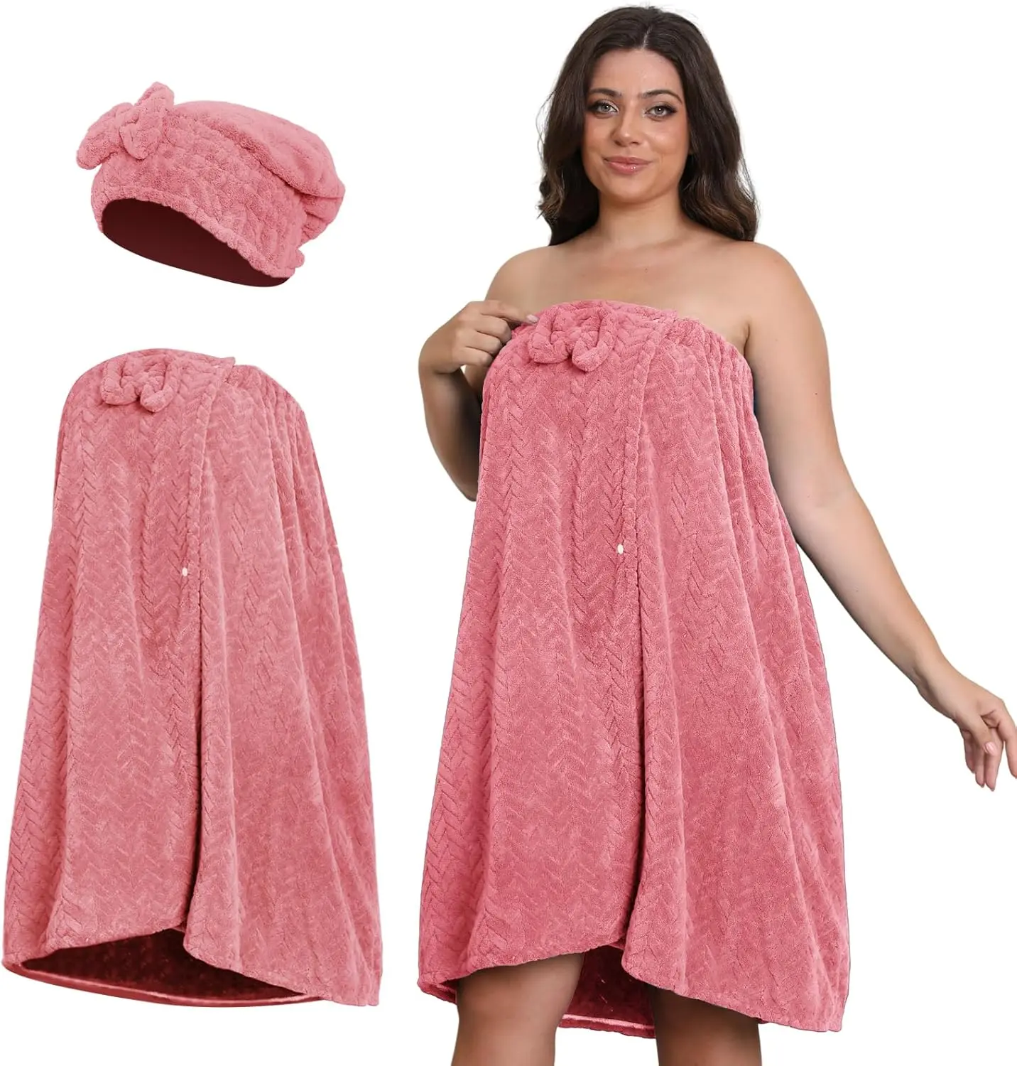 Women's Plus Size 2-Piece Bath Skirt & Shower Cap Set, Adjustable Button-Design Spa Towel, Oversized Body Cover with Hair Drying Towel, Pink, XXX-L
