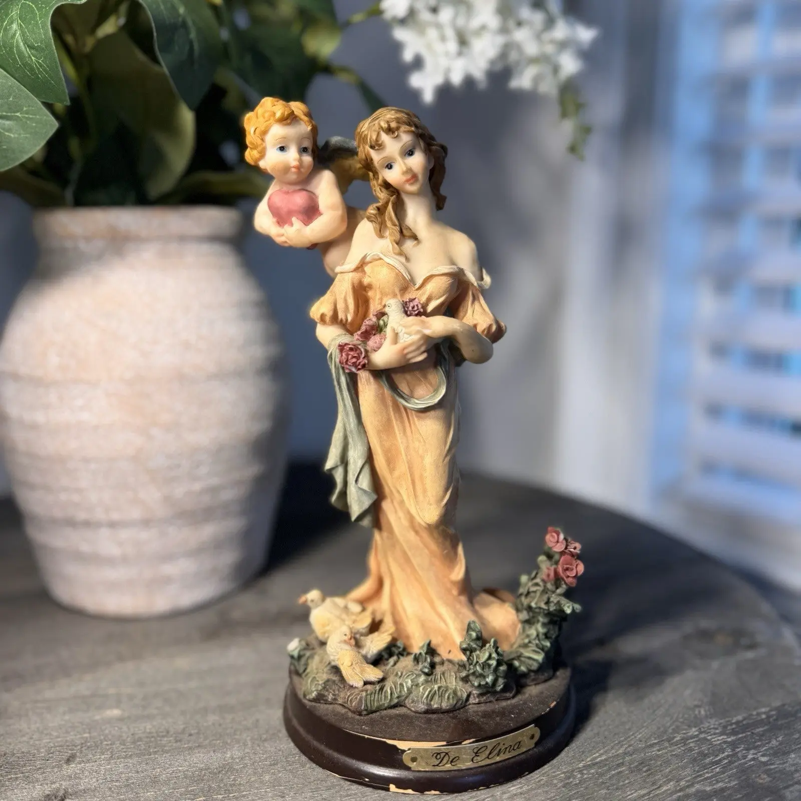 Vintage De Elina Angel with Cherub Figurine 10" Seraphim Statue Dove & Roses