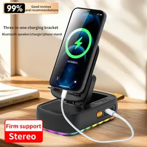 Wireless Charging Stand Bluetooth Speaker Upgraded 3-in-1 Intelligent RGB Neon Flash Lights Fast Charger Phone Holder Vertical Horizontal Stable Stereo Sound Foldable Portable for iPhone Android Desktop