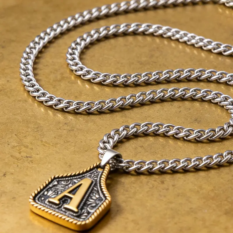 Vintage Western Style Letter Stainless Steel Chain Necklace, Handmade Metal A-Z Initial Alphabet Detail Pendant for Women and Men