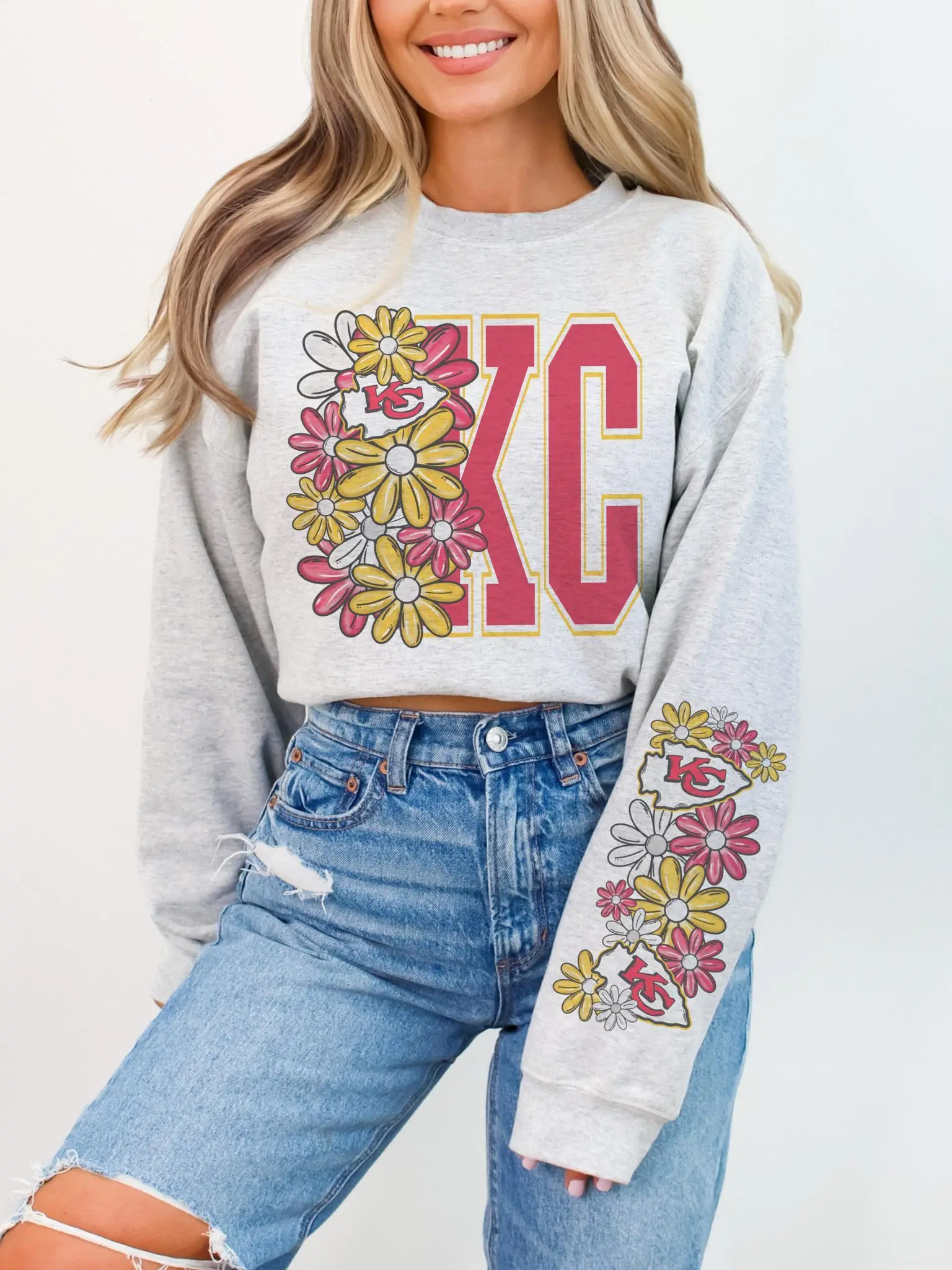 KC Game Day Sweatshirt | Retro Floral Graphic Pullover | Cute Red and Yellow Team Spirit Shirt | Women’s Game Day Outfit Cotton Trending