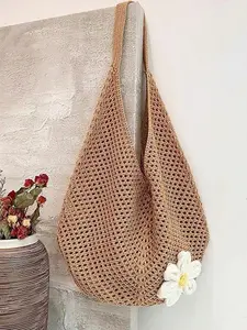 Boho Style Beach Tote Bag, Hollow Woven Straw Handbag, Large Capacity Shopping Bag, Fashionable Summer Vacation Accessory