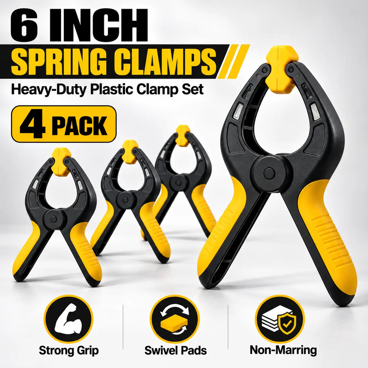4-Pack 6-Inch Spring Clamps, Black & Yellow Plastic Backdrop Clips with 2.76-Inch Max Opening, Pivoting Non-Slip Jaw Pads for Photography, Woodworking, Crafts, DIY & Home Projects