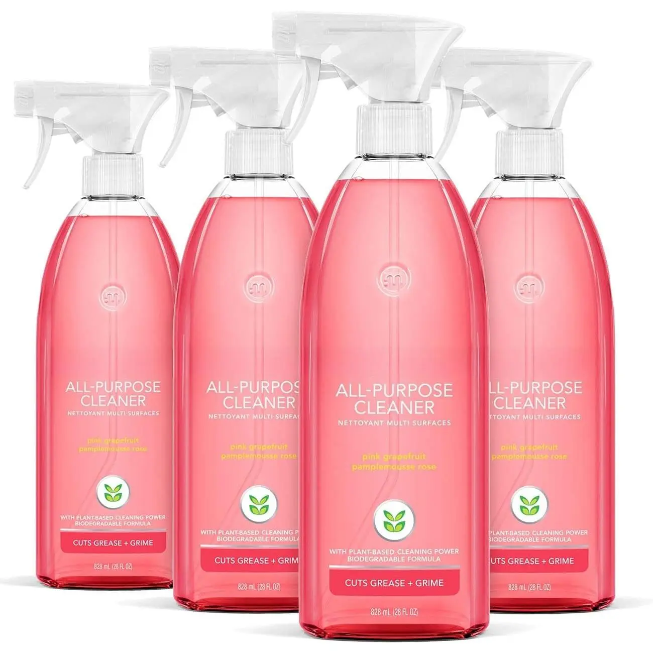 Household All-Purpose Cleaner Spray - Pink Grapefruit Citrus Scent, Plant-Based Biodegradable Formula, 28 fl oz (500-1,000 ml Total), Pack of 4, for Counters, Tiles