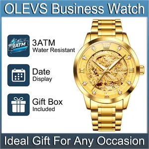 OLEVS 7027 Classic Male Wear Automatic Mechanical Watch, 42mm Dial with 3D Embossed Dragon Motif & Diamond Index, Imported Stable Movement, Luminescent, Water-Resistant Business Dress Wristwatch, Ideal Premium Gift for Father