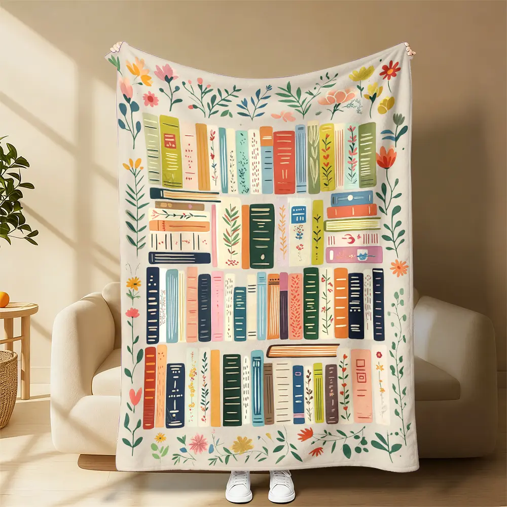 Book Lover Floral Bookshelf Plush Throw Blanket, Soft Fluffy Cozy Blanket for Reading Nook Lazy Snuggle Book Marathon, Neutral Aesthetic Home Decor Blanket, Premium Practical Birthday Christmas Holiday Gift for Reading Enthusiasts Bookworm Friends