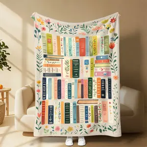 Book Lover Floral Bookshelf Plush Throw Blanket, Soft Fluffy Cozy Blanket for Reading Nook Lazy Snuggle Book Marathon, Neutral Aesthetic Home Decor Blanket, Premium Practical Birthday Christmas Holiday Gift for Reading Enthusiasts Bookworm Friends