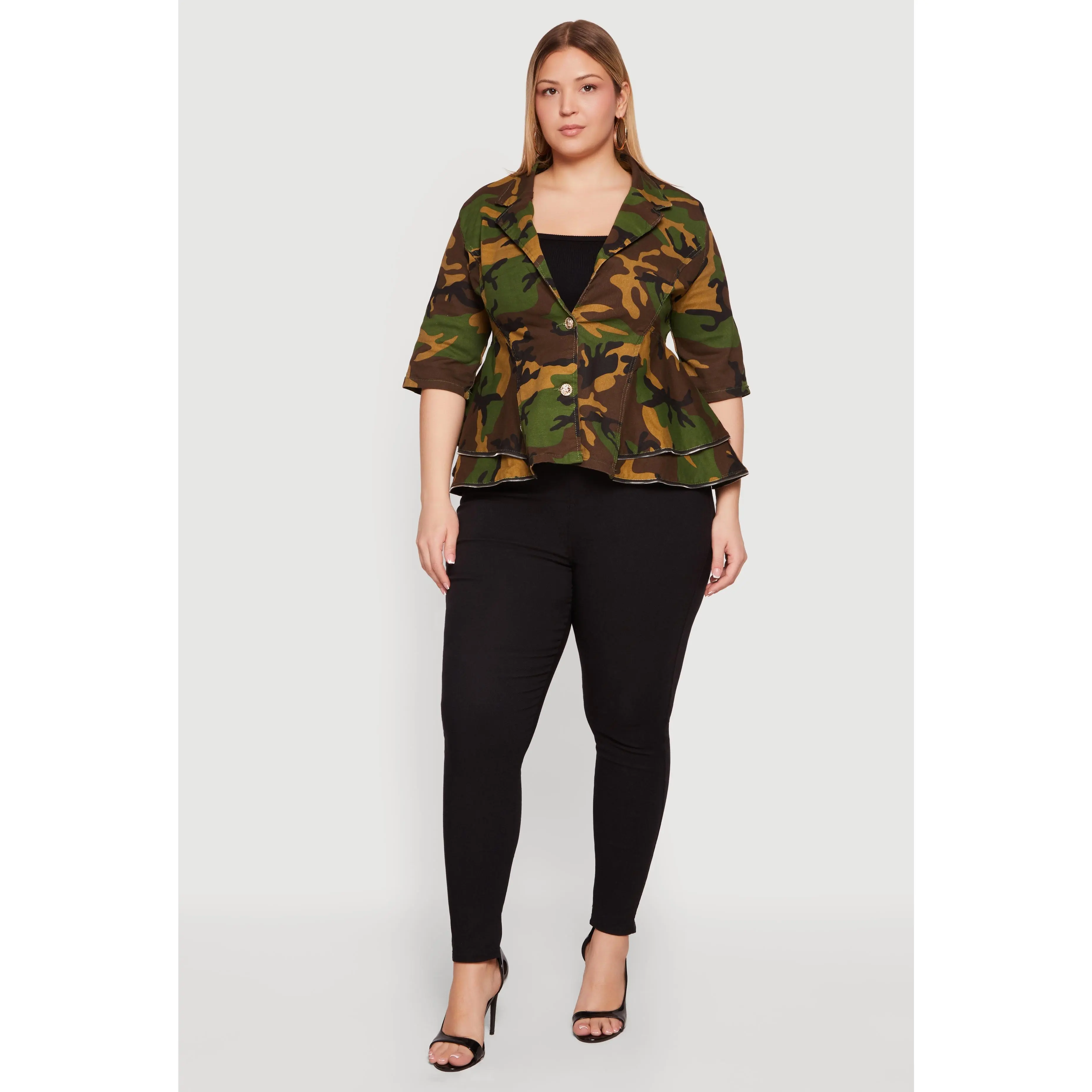 Plus Size Camo Zipper Hem Button Front Denim Blazer