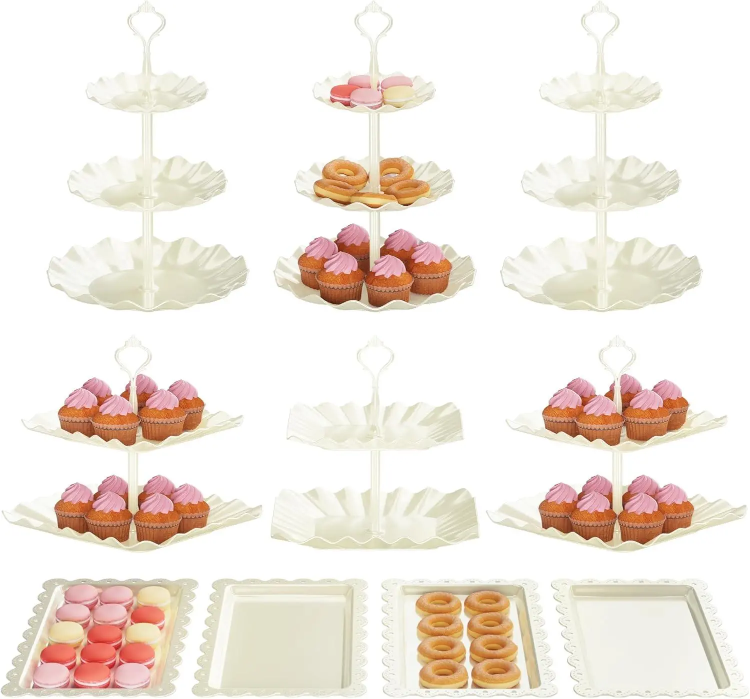 10 Pack Cake Stand Set with 3 X Two-Tier and 3 X Three-Tier Cupcake Stands, Plastic Dessert Table Stand Set 3 Tired Cookie Tray and 4 Pcs Dessert Trays PCFCZ